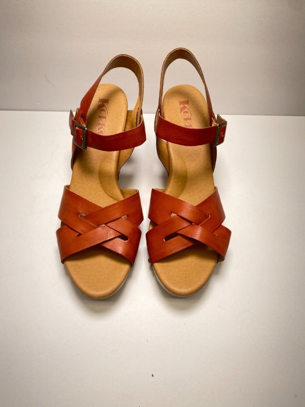Kors Women's Cognac Strap Wooden Heel Wedge Sz 10